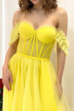 Line Off the Shoulder Yellow Tulle Long Prom Dresses, Formal Evening Dresses HZ0509