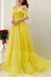 Line Off the Shoulder Yellow Tulle Long Prom Dresses, Formal Evening Dresses HZ0509