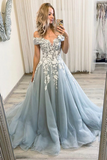 Shoulder Lace Gray Tulle Long Prom Dress, Grey Lace Formal Dress HZ0509