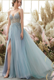 Blue Tulle Beaded A Line V Neck Long Prom Dresses, Evening Gowns HZ0509