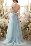 Blue Tulle Beaded A Line V Neck Long Prom Dresses, Evening Gowns HZ0509