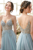 Blue Tulle Beaded A Line V Neck Long Prom Dresses, Evening Gowns HZ0509