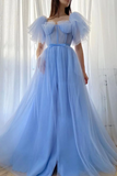 A line tulle long prom dress, blue tulle formal dress HZ0509
