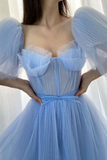 A line tulle long prom dress, blue tulle formal dress HZ0509