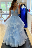Blue Layered Tulle Lace A Line V Neck Long Prom Dresses, Evening Dress HZ0509