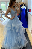 Blue Layered Tulle Lace A Line V Neck Long Prom Dresses, Evening Dress HZ0509