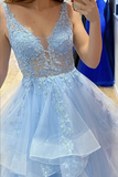 Blue Layered Tulle Lace A Line V Neck Long Prom Dresses, Evening Dress HZ0509