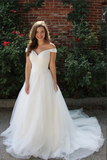 White Tulle A line Off the Shoulder Wedding Dresses, Bridal Gowns HZ0509