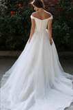 White Tulle A line Off the Shoulder Wedding Dresses, Bridal Gowns HZ0509