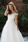 White Tulle A line Off the Shoulder Wedding Dresses, Bridal Gowns HZ0509