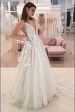 A Line V Neck Lace Appliques Wedding Dresses, Wedding Gown HZ0509