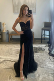Mermaid Strapless Lace Prom Dresses, Evening Dresses With Split HZ0509