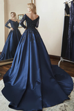 Gown Long Sleeves Off Shoulder Beaded Navy Blue Prom Dress HZ0509