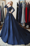 Gown Long Sleeves Off Shoulder Beaded Navy Blue Prom Dress HZ0509