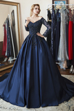 Gown Long Sleeves Off Shoulder Beaded Navy Blue Prom Dress HZ0509