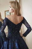 Gown Long Sleeves Off Shoulder Beaded Navy Blue Prom Dress HZ0509