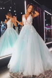 Line V Neck Tulle Lace Floral Long Prom Dress Formal Dress HZ0509