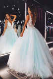 Line V Neck Tulle Lace Floral Long Prom Dress Formal Dress HZ0509