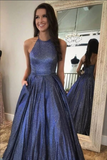 Navy Blue A Line Halter Neck Cute Prom Dresses, Long Formal Dress HZ0509