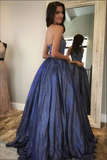 Navy Blue A Line Halter Neck Cute Prom Dresses, Long Formal Dress HZ0509