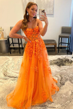 Tulle Lace Long Prom Dress Orange Tulle Formal Evening Dress HZ0509