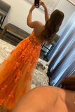 Tulle Lace Long Prom Dress Orange Tulle Formal Evening Dress HZ0509