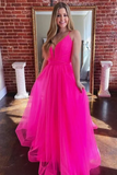 Pink Tulle A Line V Neck Long Prom Dress, Gorgeous Formal Gown HZ0509