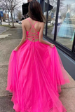 Pink Tulle A Line V Neck Long Prom Dress, Gorgeous Formal Gown HZ0509