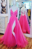 Pink Tulle A Line V Neck Long Prom Dress, Gorgeous Formal Gown HZ0509