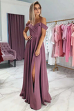 A line Off Shoulder Spaghetti Straps Prom Dresses With Slit HZ0509