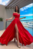 Satin A Line Off The Shoulder Prom Dresses With Slit, Evening Dress HZ0509