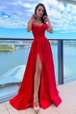 Satin A Line Off The Shoulder Prom Dresses With Slit, Evening Dress HZ0509