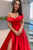 Satin A Line Off The Shoulder Prom Dresses With Slit, Evening Dress HZ0509