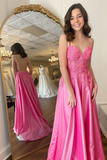 Pink Floral Appliques Lace Up A Line Prom Evening Dress HZ0509