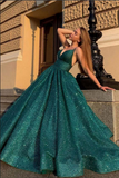 Green Ball Gown V Neck Cheap Prom Dresses, Long Formal Dresses HZ0509