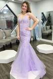 V Neck Purple Lace Long Prom Dress, Mermaid Purple Formal Dress, Purple Lace Evening Dress HZ0509