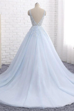 Light Blue Ball Gown Lace Tulle V Neck Princess Prom Dress HZ0509