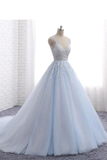 Light Blue Ball Gown Lace Tulle V Neck Princess Prom Dress HZ0509