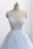 Light Blue Ball Gown Lace Tulle V Neck Princess Prom Dress HZ0509