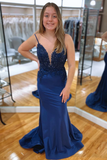 Blue Mermaid V Neckline Rhinestone Long Prom Dress HZ0509