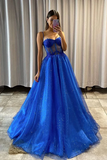Line Shiny Royal Blue Tulle Sweetheart Formal Prom Dress HZ0509