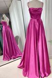 Back Fuchsia Satin Ruched Long Prom Dress, Long Fuchsia Formal Graduation Evening Dress HZ0509
