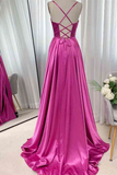 Back Fuchsia Satin Ruched Long Prom Dress, Long Fuchsia Formal Graduation Evening Dress HZ0509