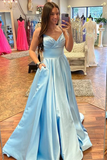 Line V Neck Blue Satin Long Prom Dress, Long Blue Formal Graduation Evening Dress HZ0509