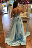 Line V Neck Blue Satin Long Prom Dress, Long Blue Formal Graduation Evening Dress HZ0509