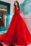 Line V Neck Red/Blue/Orange Long Prom Dress with Beaded Belt HZ0509
