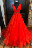 Line V Neck Red/Blue/Orange Long Prom Dress with Beaded Belt HZ0509