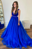 Line V Neck Red/Blue/Orange Long Prom Dress with Beaded Belt HZ0509