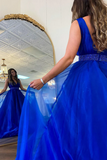 Line V Neck Red/Blue/Orange Long Prom Dress with Beaded Belt HZ0509