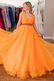 Line V Neck Red/Blue/Orange Long Prom Dress with Beaded Belt HZ0509